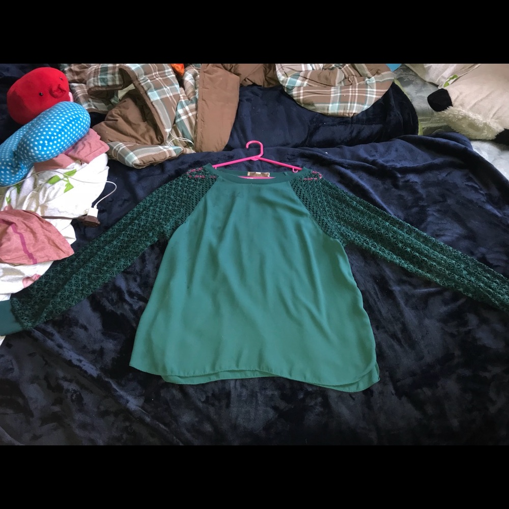 LOFT Green Chiffon/Lace Cutout Blouse